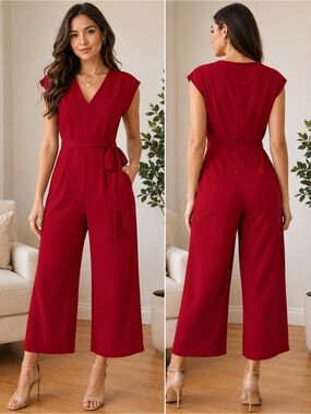 Aqua Red V-Neck Wide-Leg Jumpsuit with Waist Tie